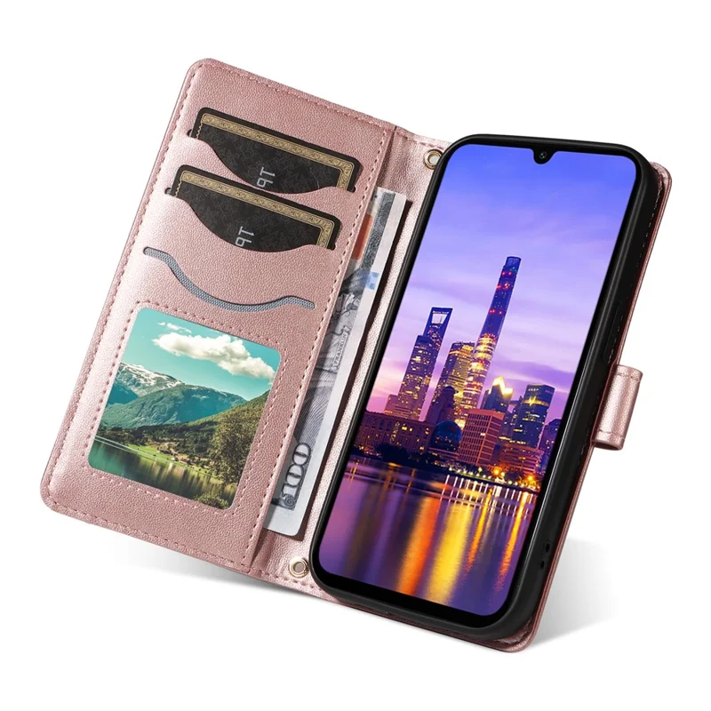 For Samsung Galaxy A17 5G / A17 4G / A26 5G / A16 5G / A16 4G Case Wallet Rhombus Leather Phone Cover with Shoulder Strap, Wrist Strap - Rose Gold