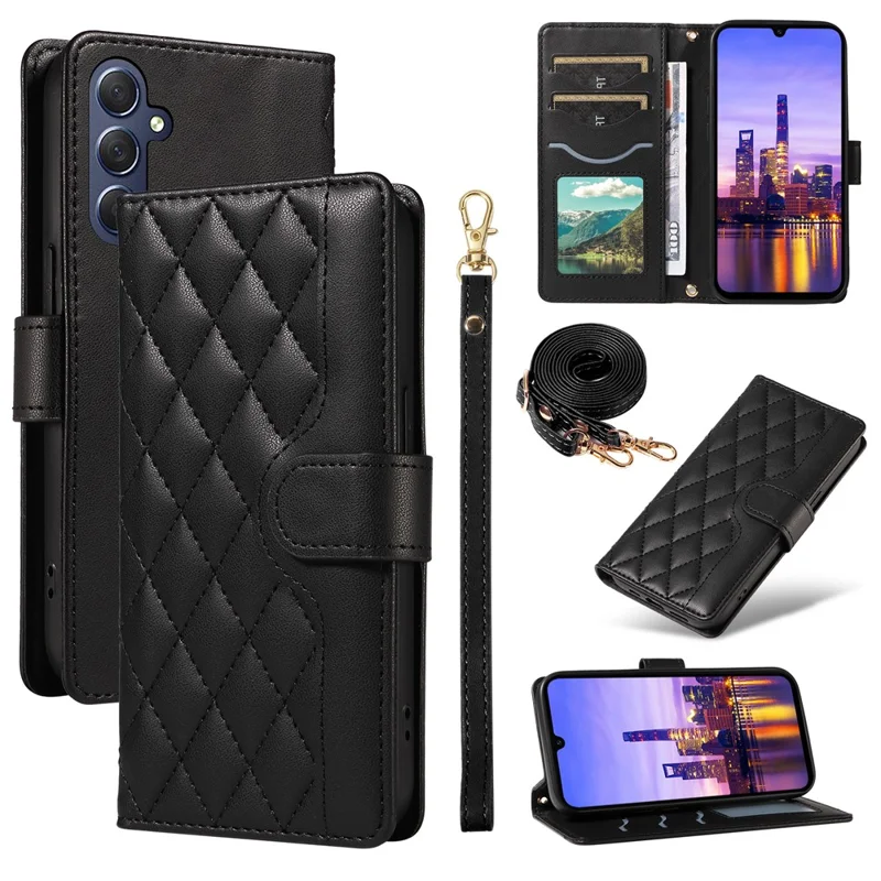 For Samsung Galaxy A17 5G / A17 4G / A26 5G / A16 5G / A16 4G Case Wallet Rhombus Leather Phone Cover with Shoulder Strap, Wrist Strap - Black