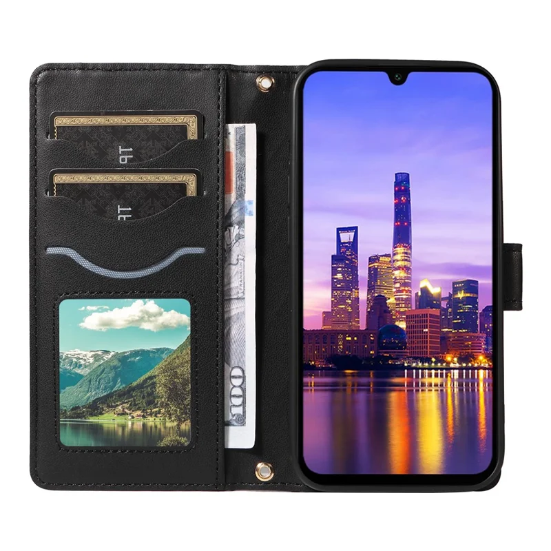 For Samsung Galaxy A17 5G / A17 4G / A26 5G / A16 5G / A16 4G Case Wallet Rhombus Leather Phone Cover with Shoulder Strap, Wrist Strap - Black