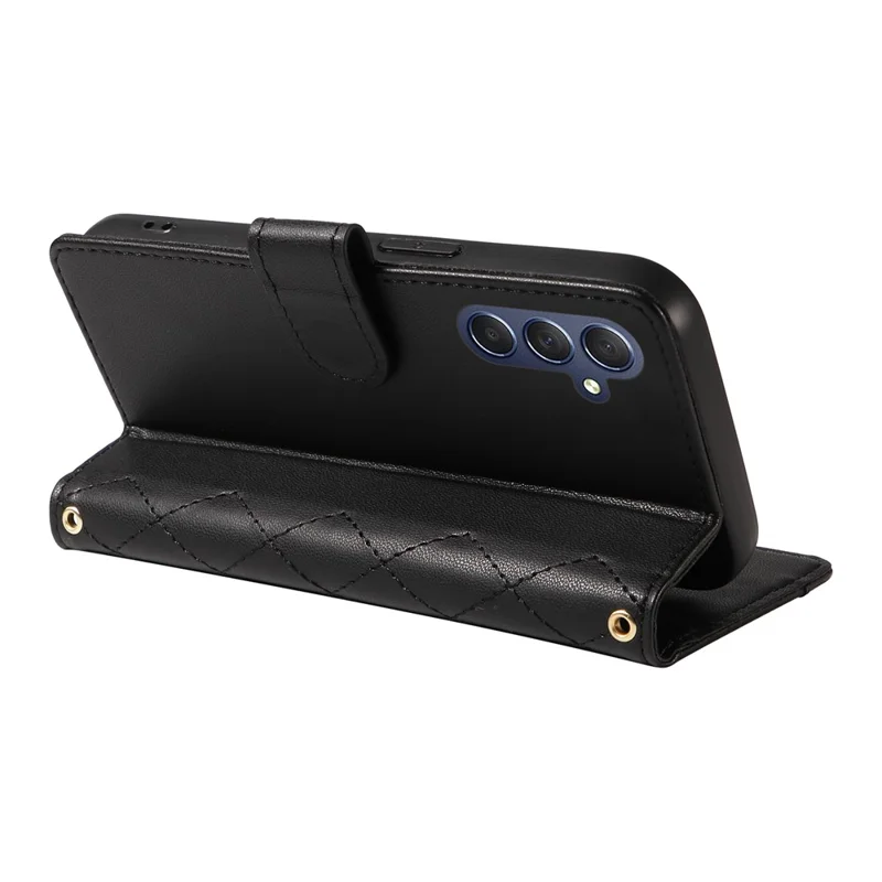 For Samsung Galaxy A17 5G / A17 4G / A26 5G / A16 5G / A16 4G Case Wallet Rhombus Leather Phone Cover with Shoulder Strap, Wrist Strap - Black