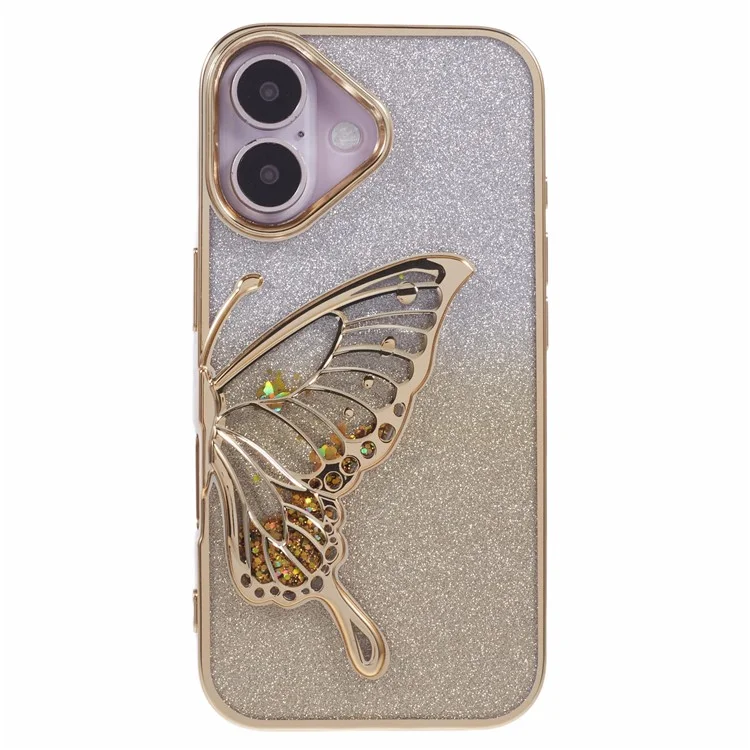 Für iPhone 16 Case Quicksand Butterfly TPU Handyhülle mit Glaslinsenfilm - Gold