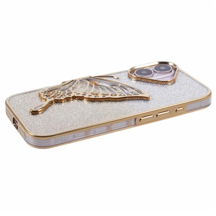 Für iPhone 16 Case Quicksand Butterfly TPU Handyhülle mit Glaslinsenfilm - Gold