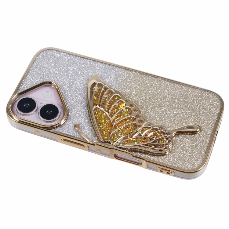 Für iPhone 16 Case Quicksand Butterfly TPU Handyhülle mit Glaslinsenfilm - Gold