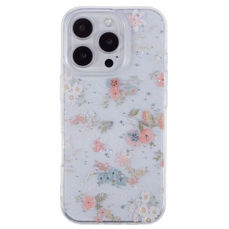 For iPhone 16 Pro Max Case Glitter Flower Epoxy Shockproof Phone Cover - Style A