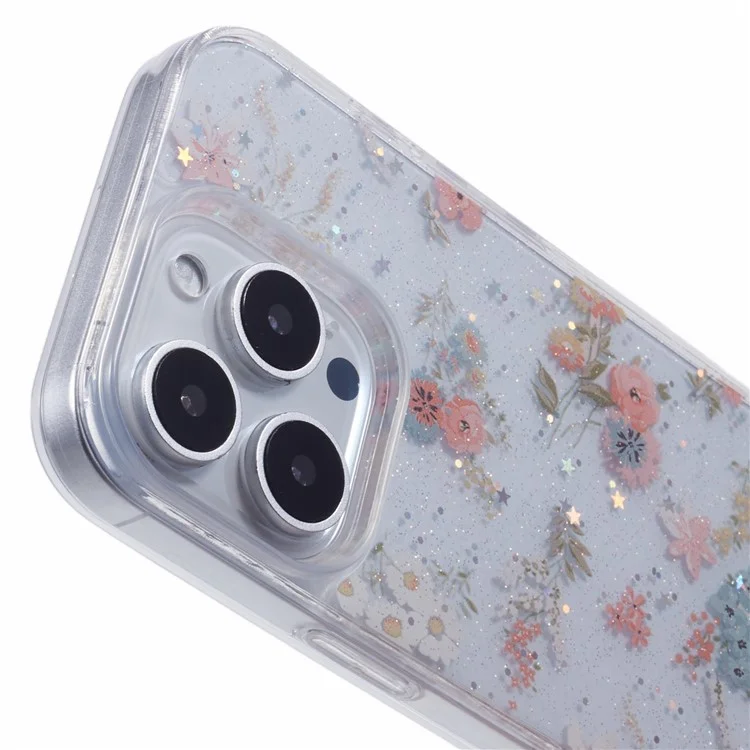 For iPhone 16 Pro Max Case Glitter Flower Epoxy Shockproof Phone Cover - Style A