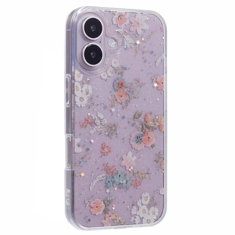For iPhone 16 Plus Case Glitter Flower Epoxy Shockproof Phone Cover - Style A