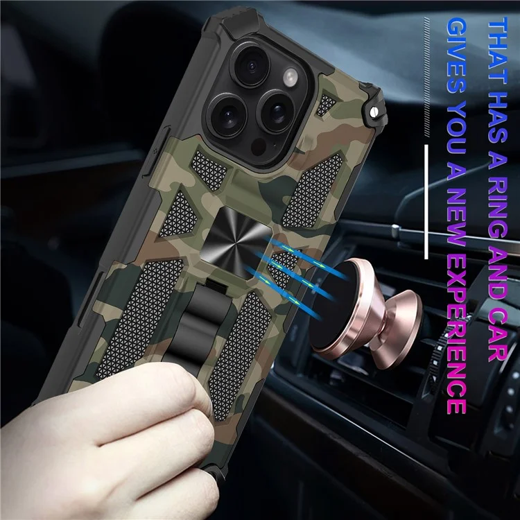 For iPhone 16 Pro Case Kickstand PC+TPU Camouflage Military Grade Phone Cover - Army Green