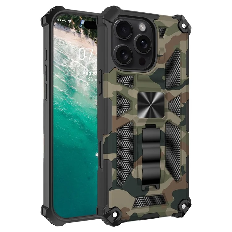 Чехол для iPhone 16 Pro Max с подставкой, из поликарбоната и ТПУ, камуфляжной расцветки, военного класса - армейский зеленый