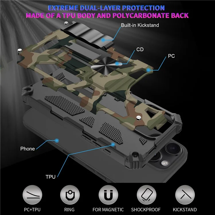 Чехол для iPhone 16 Pro Max с подставкой, из поликарбоната и ТПУ, камуфляжной расцветки, военного класса - армейский зеленый