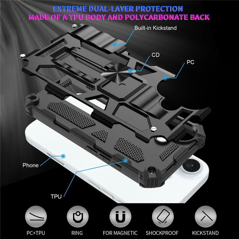 For iPhone 16 Plus Phone Case Kickstand Drop Protection PC + TPU Back Cover - Black