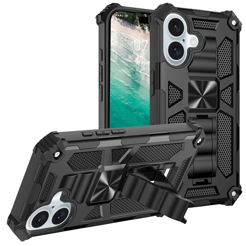 For iPhone 16 Phone Case Kickstand Drop Protection PC + TPU Back Cover - Black