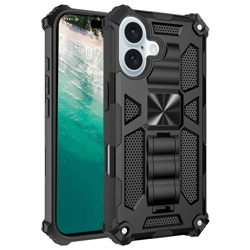 For iPhone 16 Phone Case Kickstand Drop Protection PC + TPU Back Cover - Black