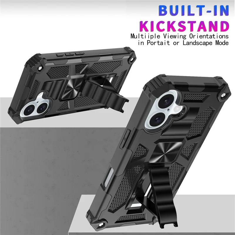 For iPhone 16 Phone Case Kickstand Drop Protection PC + TPU Back Cover - Black