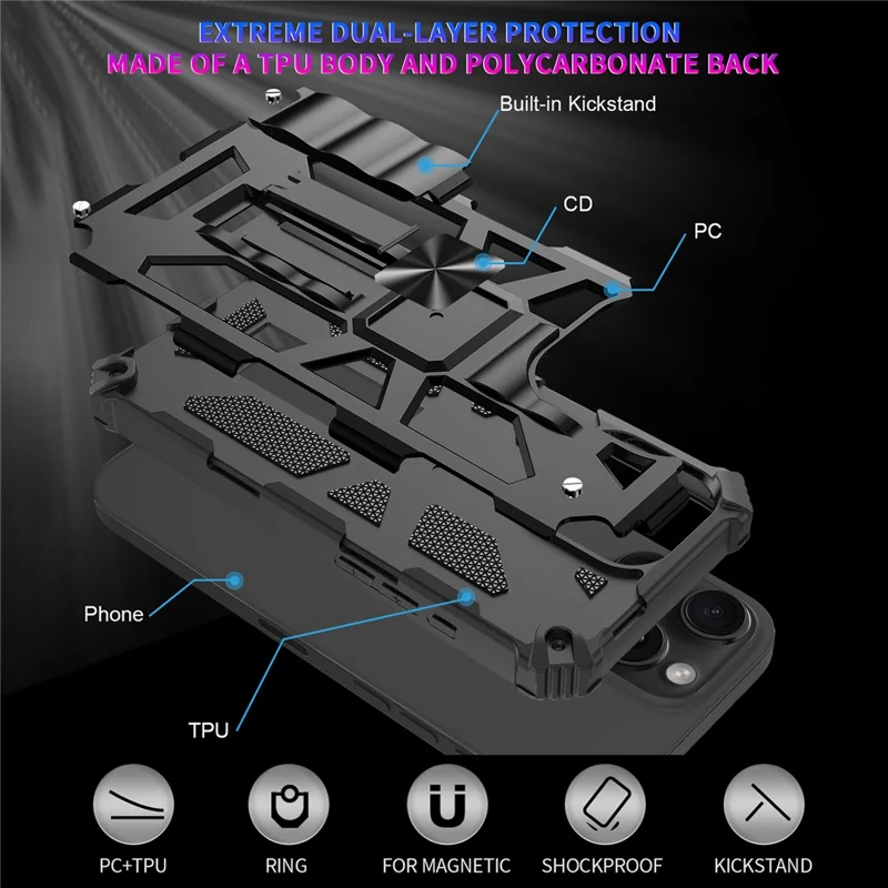 For iPhone 16 Pro Phone Case Kickstand Drop Protection PC + TPU Back Cover - Black