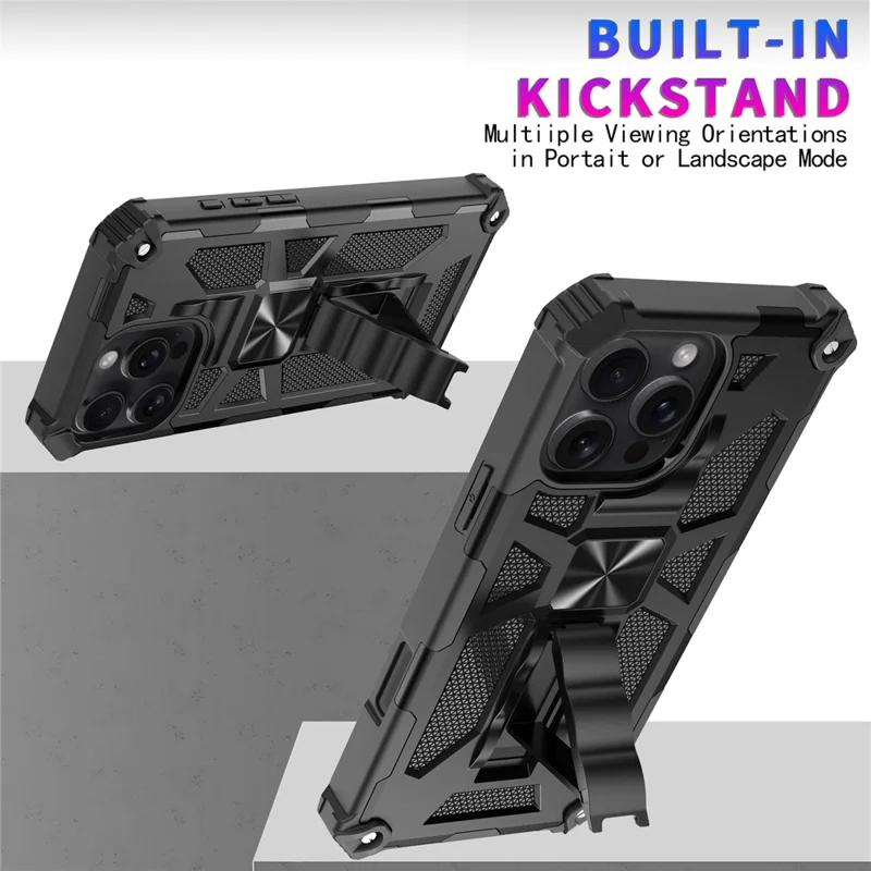 For iPhone 16 Pro Max Phone Case Kickstand Drop Protection PC + TPU Back Cover - Black
