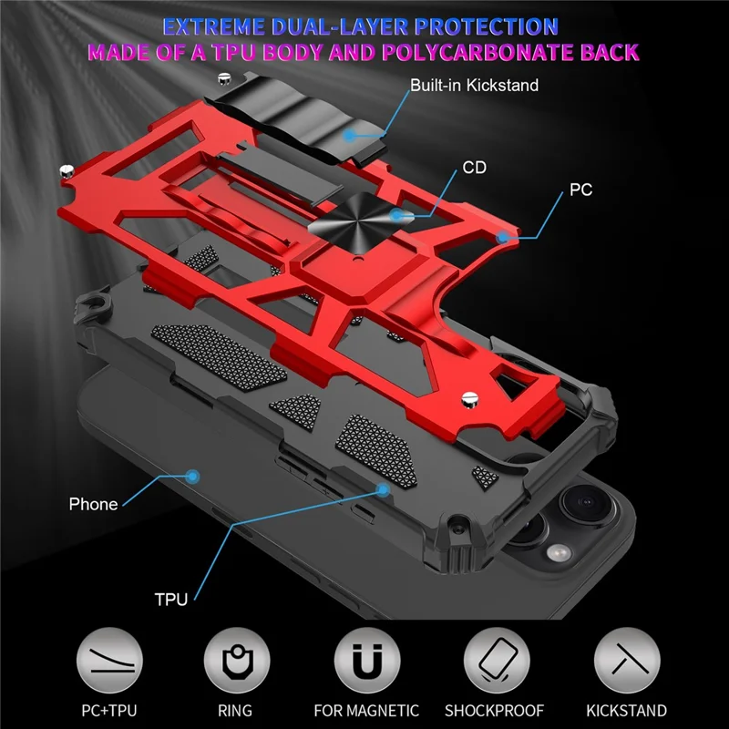 For iPhone 16 Pro Max Phone Case Kickstand Drop Protection PC + TPU Back Cover - Red