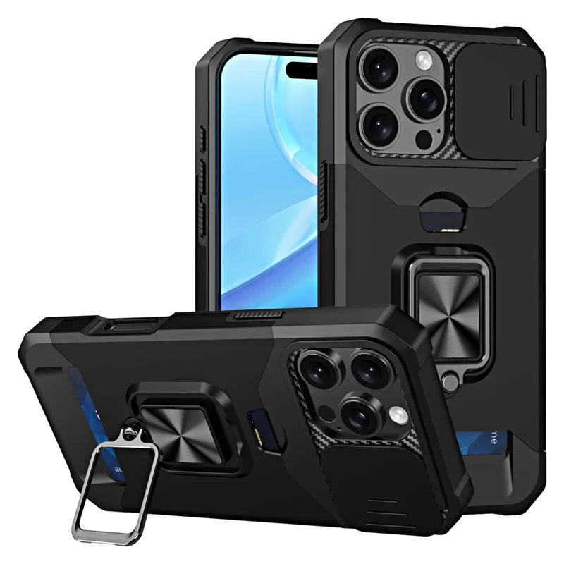 For iPhone 16 Pro Max Kickstand Case Slide Lens Lid PC+TPU Phone Cover with Card Slot - Black