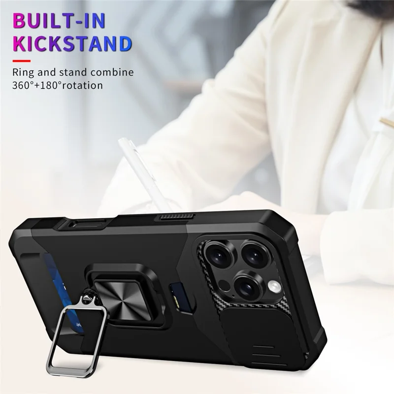 For iPhone 16 Pro Max Kickstand Case Slide Lens Lid PC+TPU Phone Cover with Card Slot - Black