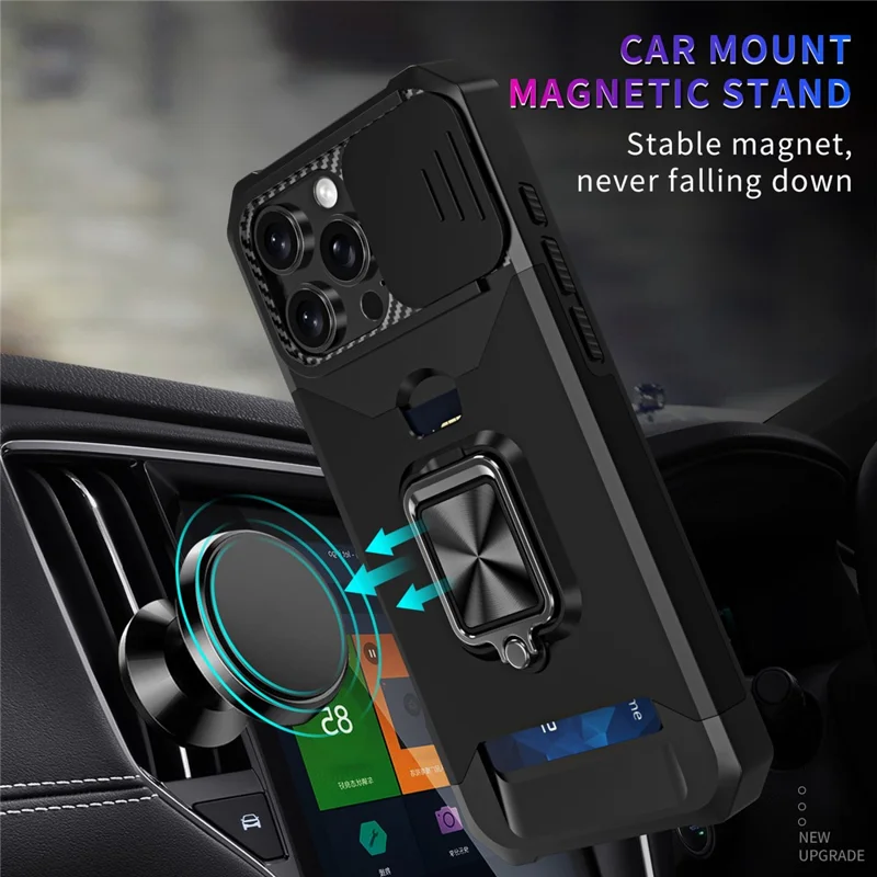 For iPhone 16 Pro Max Kickstand Case Slide Lens Lid PC+TPU Phone Cover with Card Slot - Black