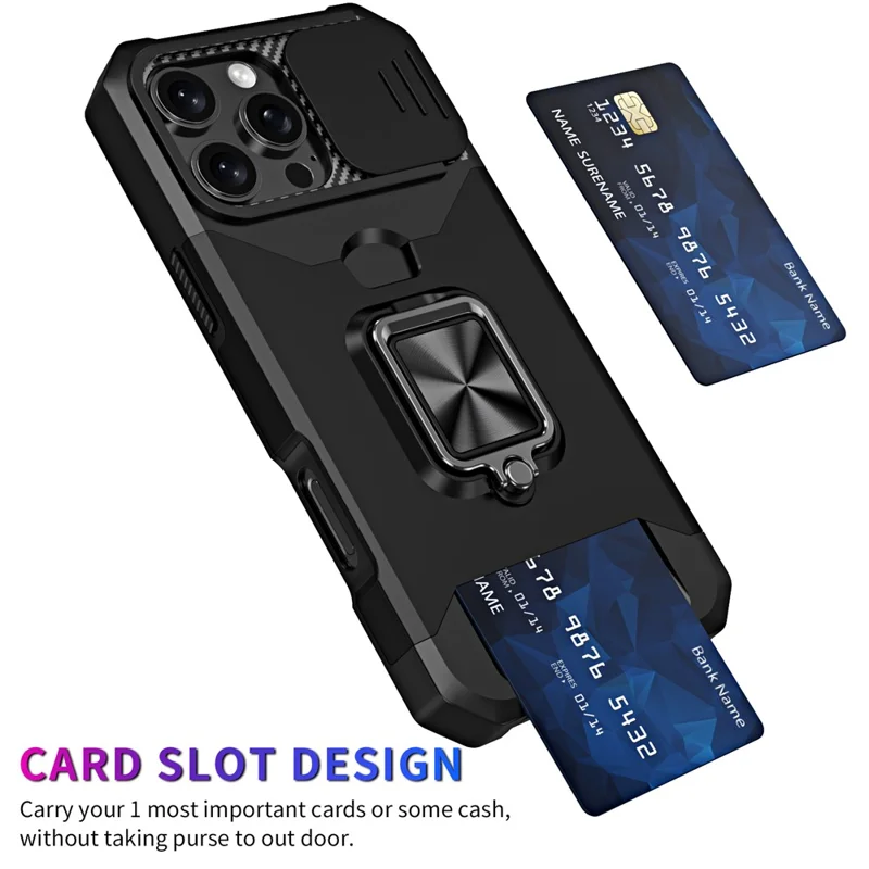 For iPhone 16 Pro Max Kickstand Case Slide Lens Lid PC+TPU Phone Cover with Card Slot - Black