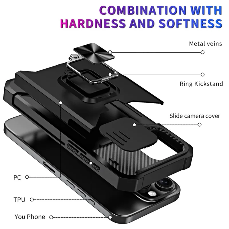 For iPhone 16 Pro Kickstand Case Slide Lens Lid PC+TPU Phone Cover with Card Slot - Black