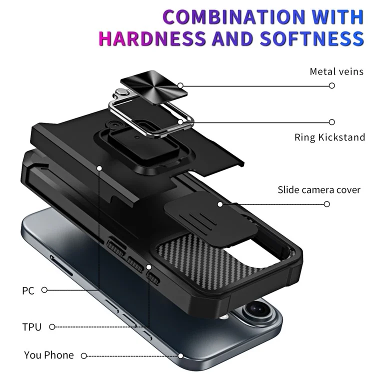 For iPhone 16 Plus Kickstand Case Slide Lens Lid PC+TPU Phone Cover with Card Slot - Black