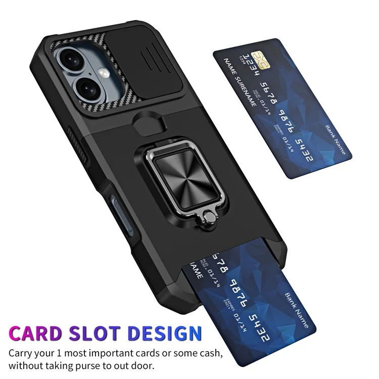 For iPhone 16 Plus Kickstand Case Slide Lens Lid PC+TPU Phone Cover with Card Slot - Black