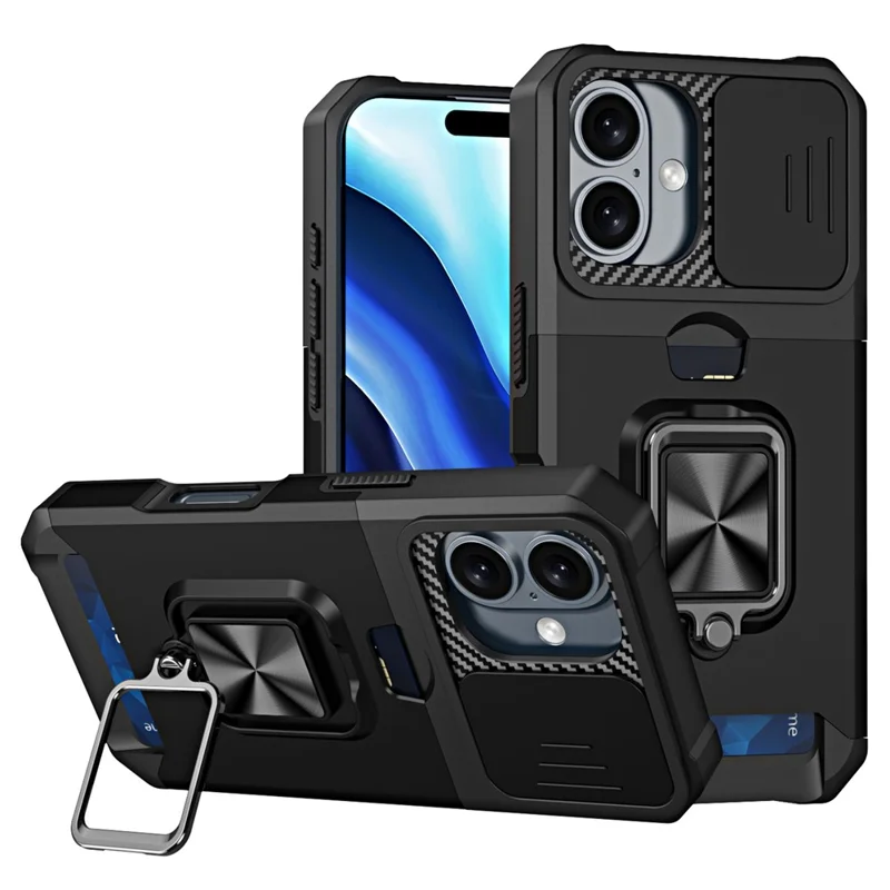 For iPhone 16 Kickstand Case Slide Lens Lid PC+TPU Phone Cover with Card Slot - Black