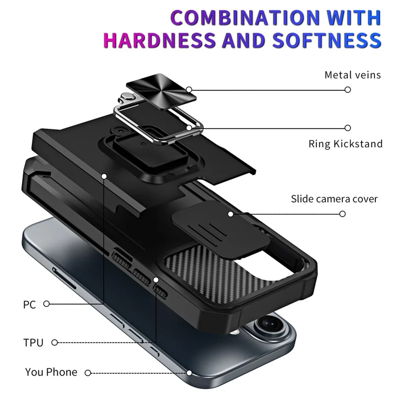 For iPhone 16 Kickstand Case Slide Lens Lid PC+TPU Phone Cover with Card Slot - Black