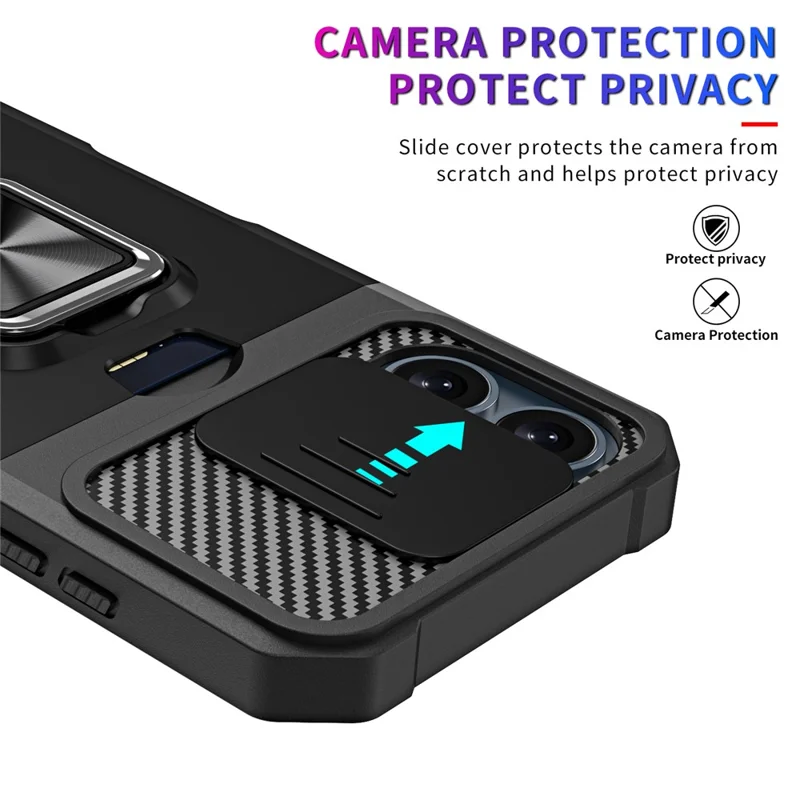 For iPhone 16 Kickstand Case Slide Lens Lid PC+TPU Phone Cover with Card Slot - Black