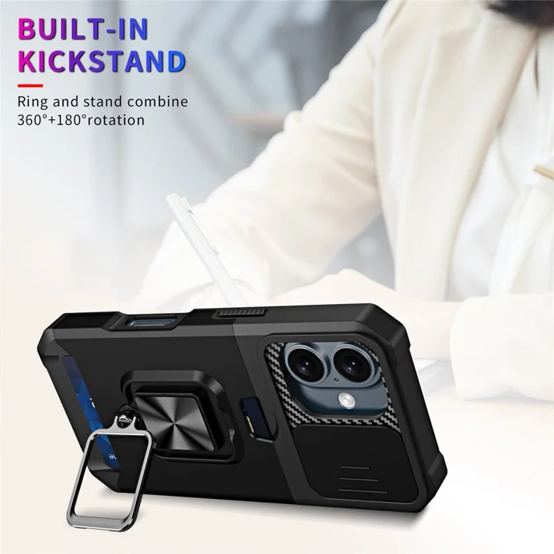 For iPhone 16 Kickstand Case Slide Lens Lid PC+TPU Phone Cover with Card Slot - Black