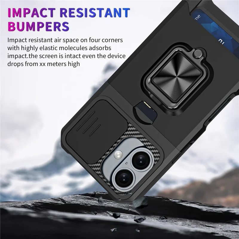 For iPhone 16 Kickstand Case Slide Lens Lid PC+TPU Phone Cover with Card Slot - Black