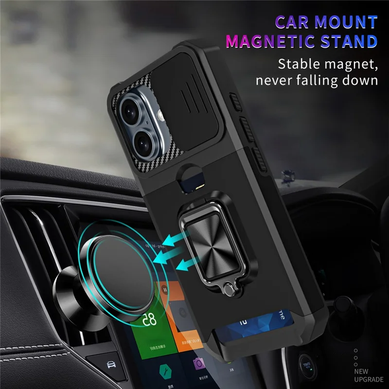 For iPhone 16 Kickstand Case Slide Lens Lid PC+TPU Phone Cover with Card Slot - Black