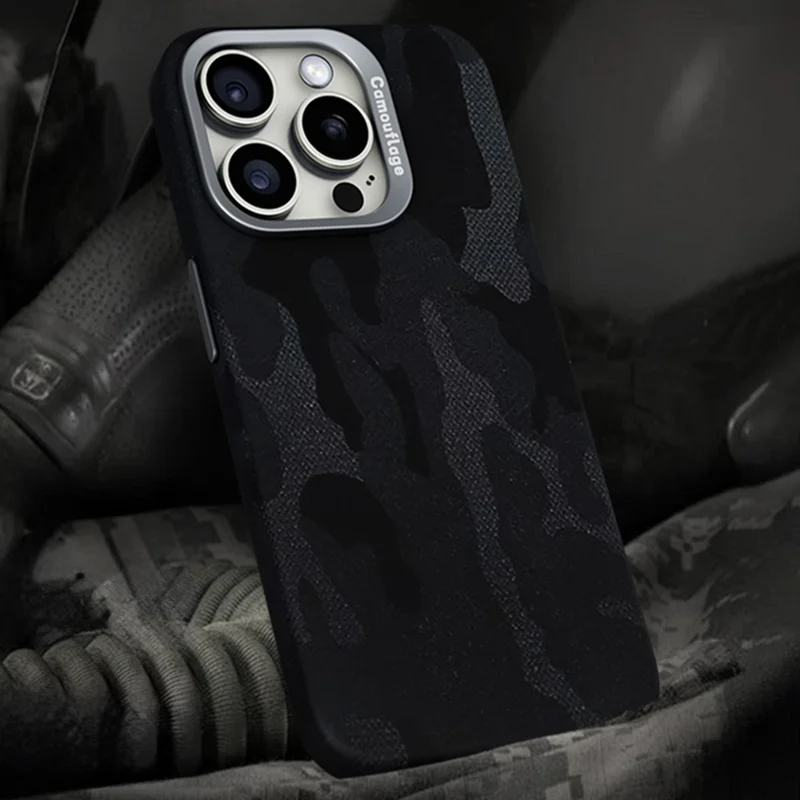 For iPhone 16 Pro Max Magnetic Case Camouflage Pattern Shockproof PC+PU Phone Cover - Black