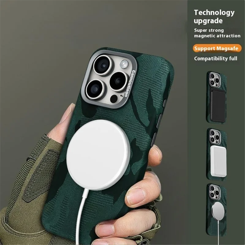 For iPhone 16 Pro Max Magnetic Case Camouflage Pattern Shockproof PC+PU Phone Cover - Black