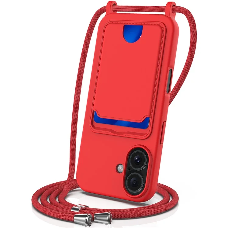 For iPhone 16 Plus Case Liquid Silicone Card Holder Phone Back Cover with Lanyard - Red