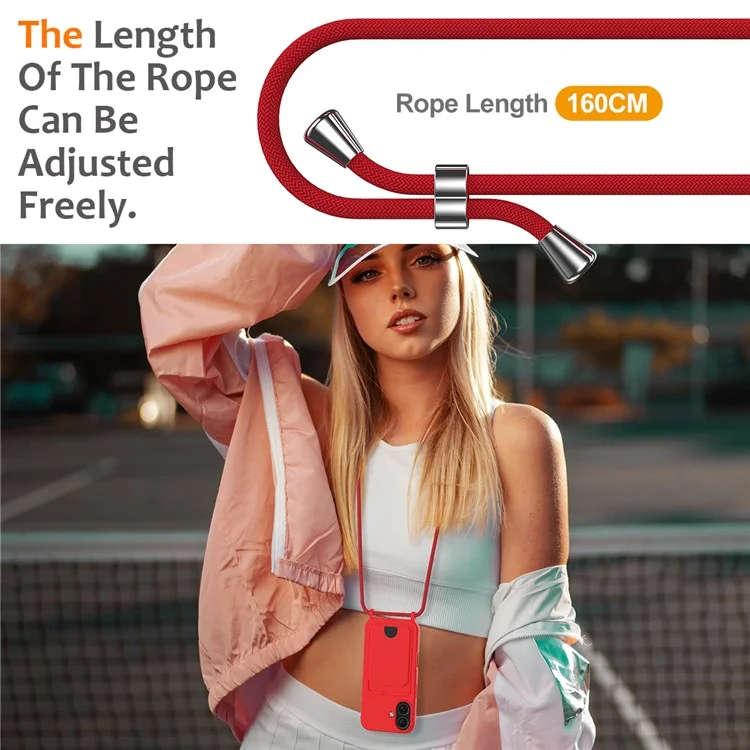 For iPhone 16 Plus Case Liquid Silicone Card Holder Phone Back Cover with Lanyard - Red