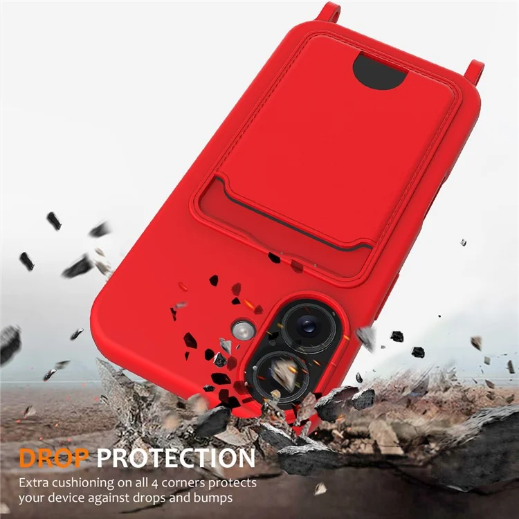For iPhone 16 Plus Case Liquid Silicone Card Holder Phone Back Cover with Lanyard - Red