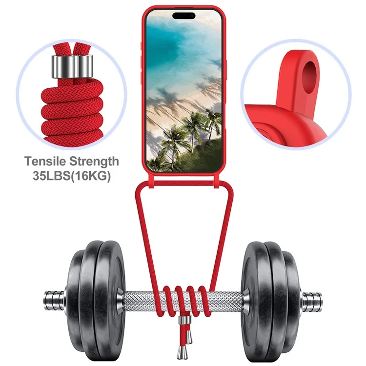 For iPhone 16 Plus Case Liquid Silicone Card Holder Phone Back Cover with Lanyard - Red