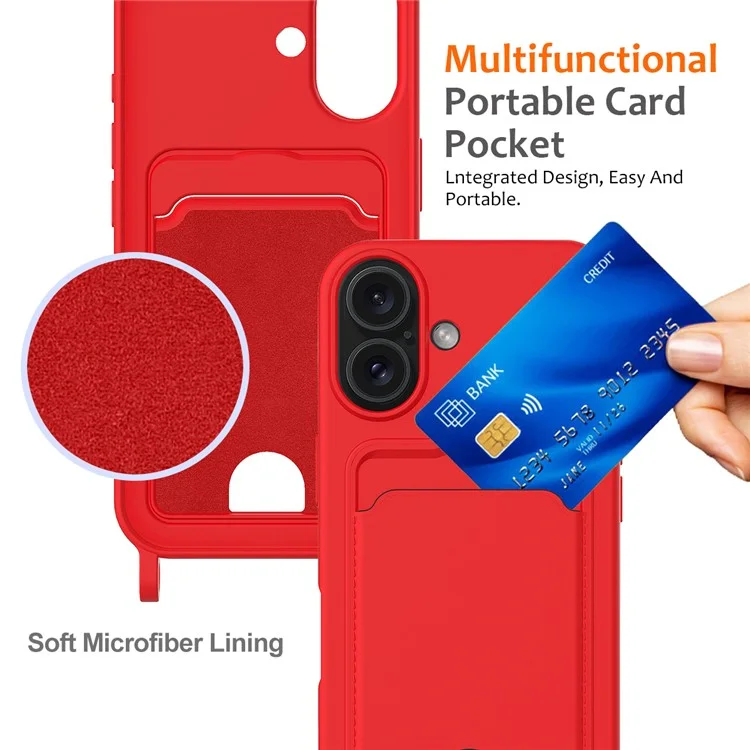 For iPhone 16 Plus Case Liquid Silicone Card Holder Phone Back Cover with Lanyard - Red