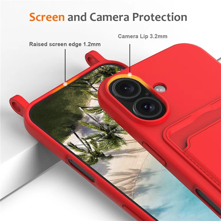 For iPhone 16 Plus Case Liquid Silicone Card Holder Phone Back Cover with Lanyard - Red