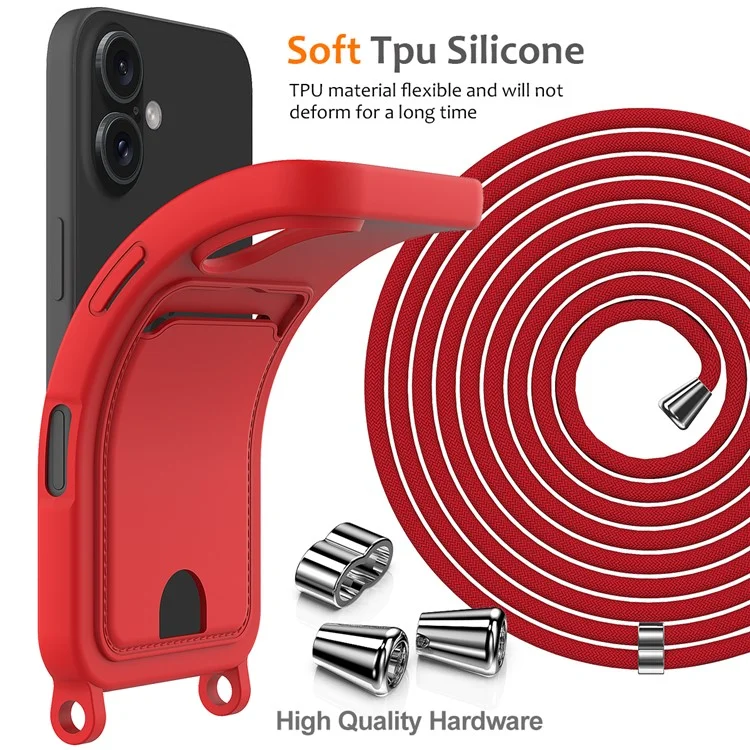 For iPhone 16 Plus Case Liquid Silicone Card Holder Phone Back Cover with Lanyard - Red