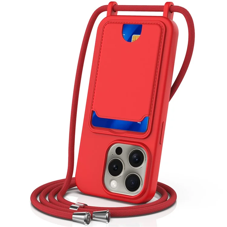 Für iPhone 16 Pro Case Liquid Silicone Card Holder Phone Back Cover mit Lanyard - Rot