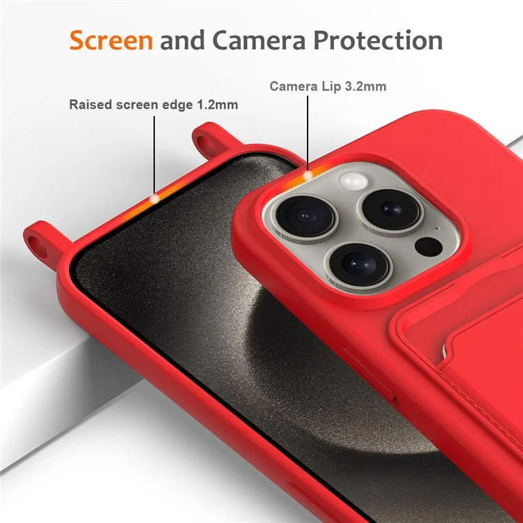 Für iPhone 16 Pro Case Liquid Silicone Card Holder Phone Back Cover mit Lanyard - Rot