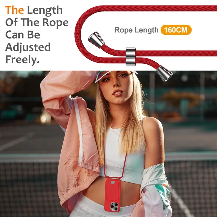 For iPhone 16 Pro Max Case Liquid Silicone Card Holder Phone Back Cover with Lanyard - Red