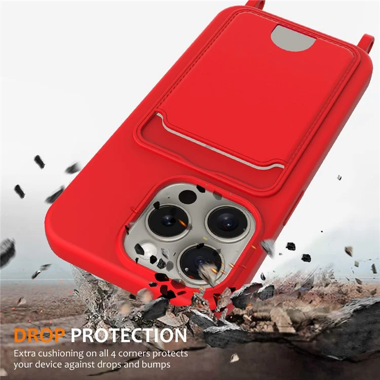 For iPhone 16 Pro Max Case Liquid Silicone Card Holder Phone Back Cover with Lanyard - Red