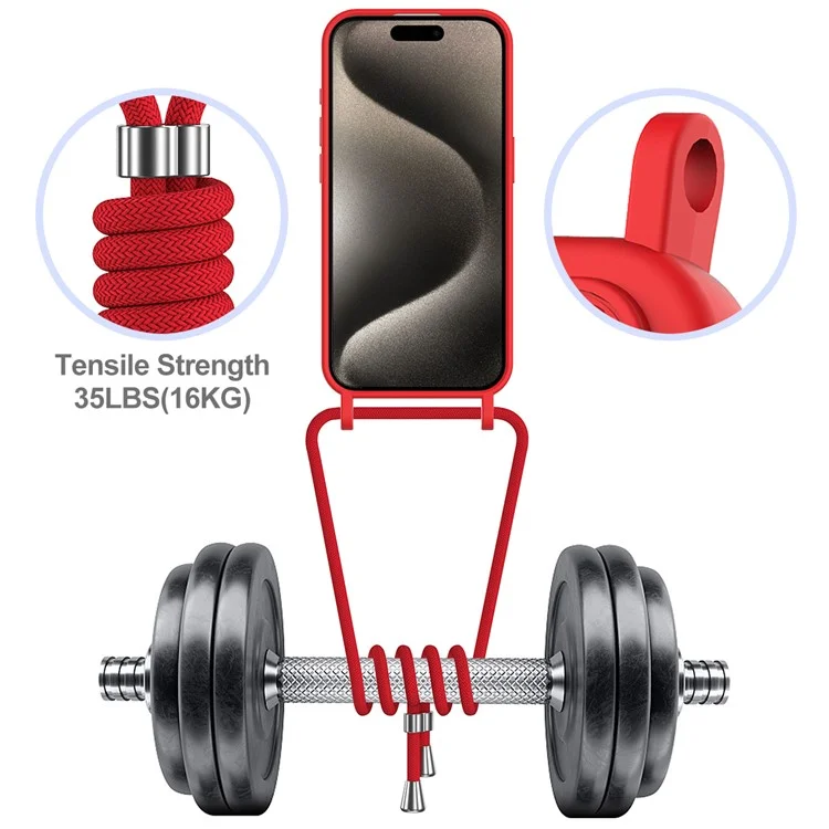 For iPhone 16 Pro Max Case Liquid Silicone Card Holder Phone Back Cover with Lanyard - Red
