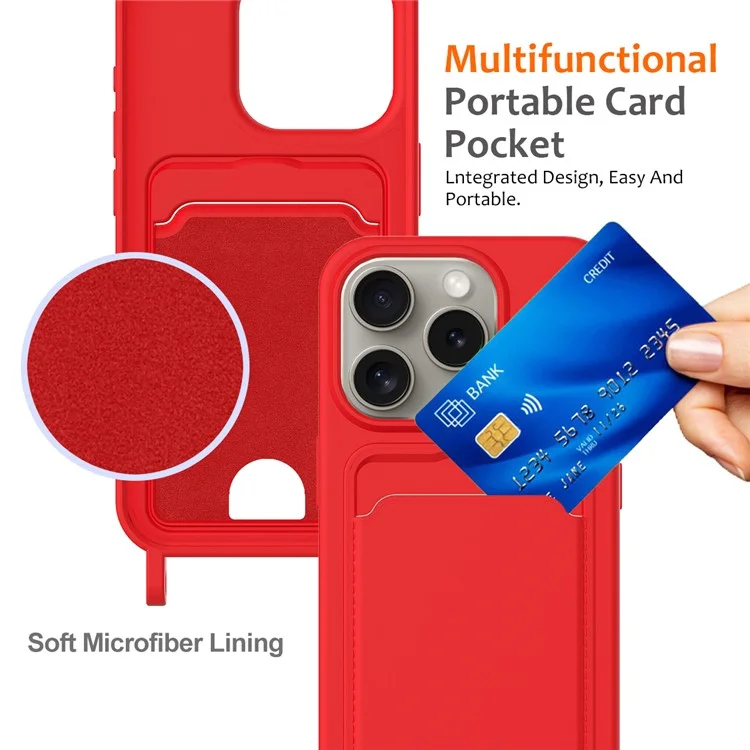 For iPhone 16 Pro Max Case Liquid Silicone Card Holder Phone Back Cover with Lanyard - Red