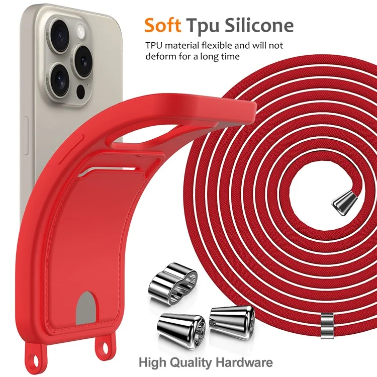 For iPhone 16 Pro Max Case Liquid Silicone Card Holder Phone Back Cover with Lanyard - Red