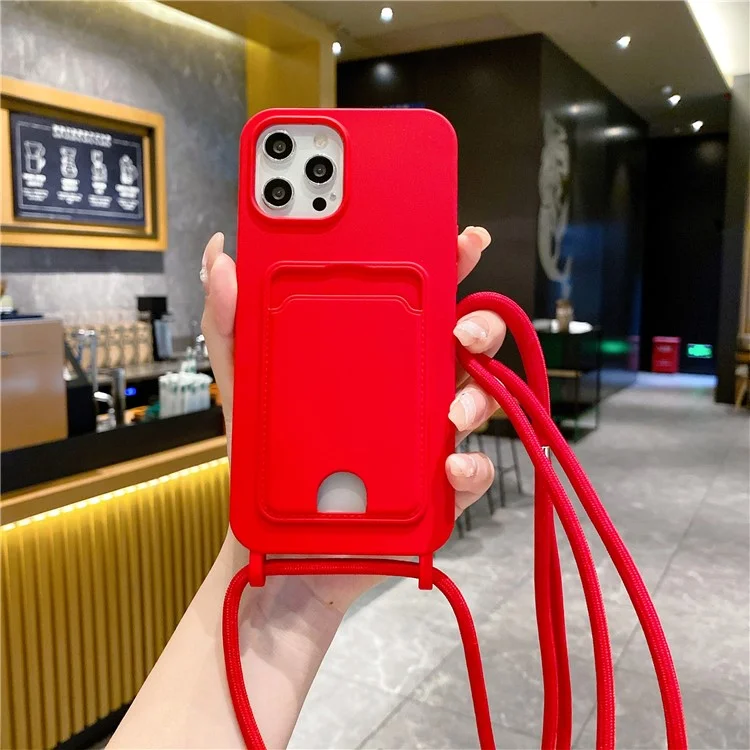 For iPhone 16 Pro Max Case Liquid Silicone Card Holder Phone Back Cover with Lanyard - Red